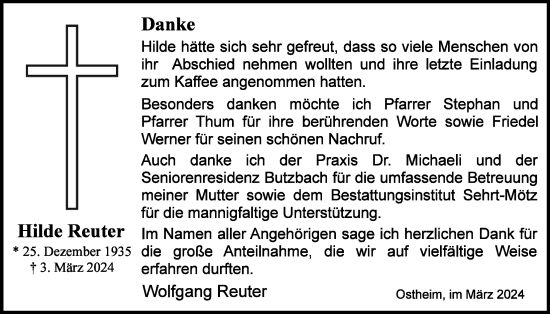 Traueranzeige von Hilde Reuter von Butzbacher Zeitung