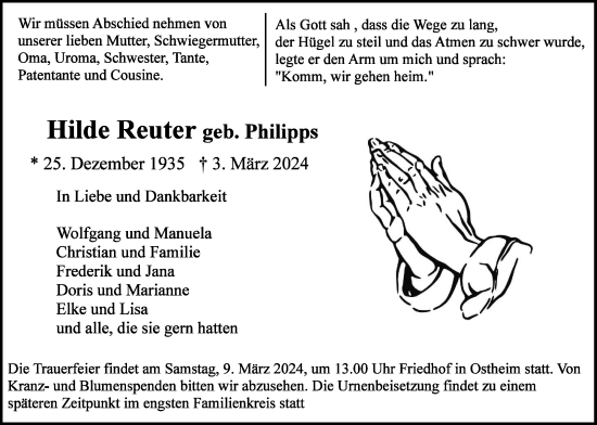 Traueranzeige von Hilde Reuter von Wetterauer Zeitung, Butzbacher Zeitung