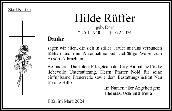 Traueranzeige von Hilde Rüffer von Oberhessische Zeitung