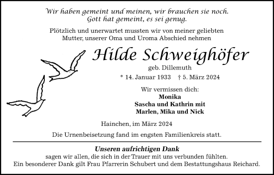 Traueranzeige von Hilde Schweighöfer von Kreis-Anzeiger