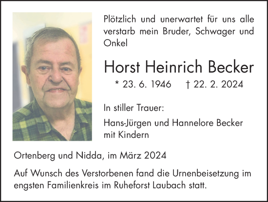 Traueranzeige von Horst  Becker von Kreis-Anzeiger
