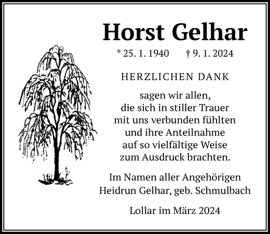 Traueranzeige von Horst Gelhar von Giessener Anzeiger, Giessener Allgemeine, Alsfelder Allgemeine