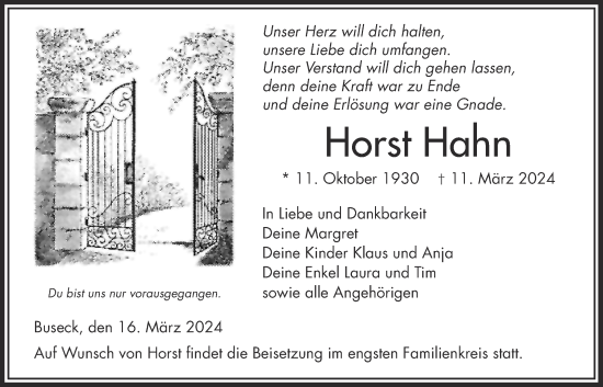 Traueranzeige von Horst Hahn von Giessener Anzeiger, Giessener Allgemeine, Alsfelder Allgemeine