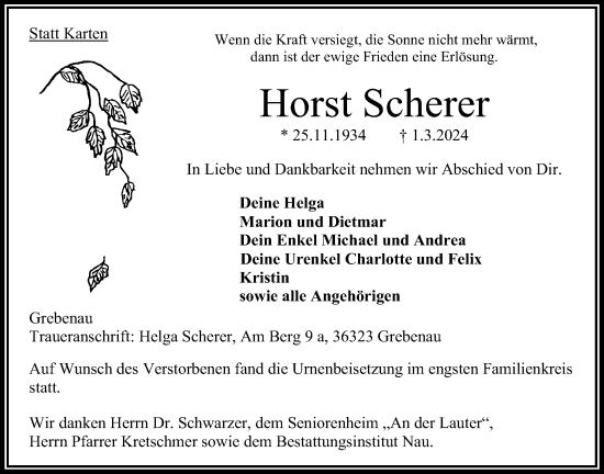Traueranzeige von Horst Scherer von Oberhessische Zeitung