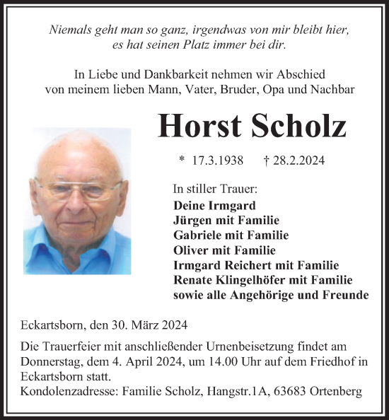 Traueranzeige von Horst Scholz von Kreis-Anzeiger