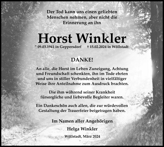 Traueranzeige von Horst Winkler von Wetterauer Zeitung