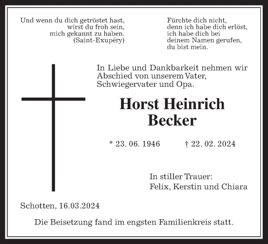 Traueranzeige von Horst Heinrich Becker von Kreis-Anzeiger