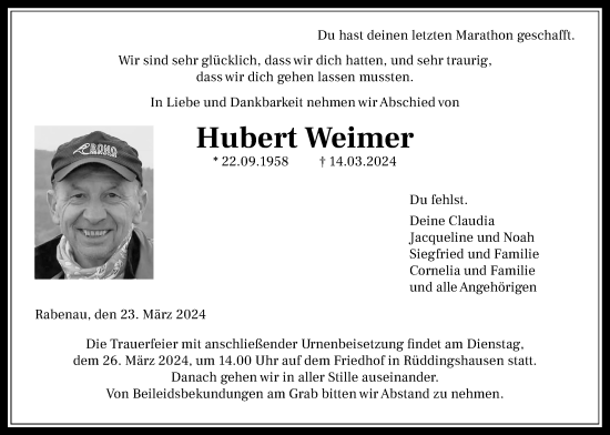 Traueranzeige von Hubert Weimer von Giessener Allgemeine, Alsfelder Allgemeine