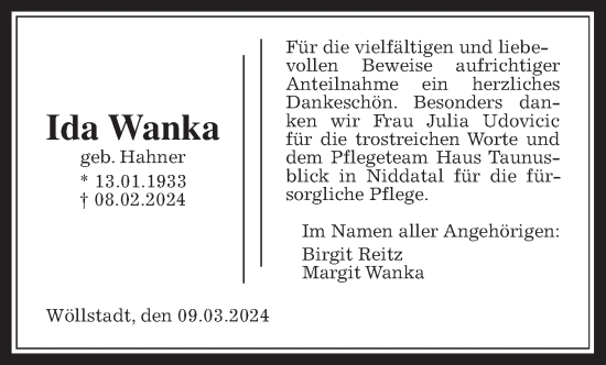 Traueranzeige von Ida Wanka von Wetterauer Zeitung