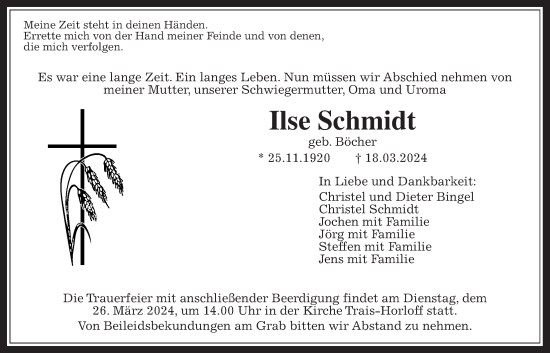 Traueranzeige von Ilse Schmidt von Licher Wochenblatt