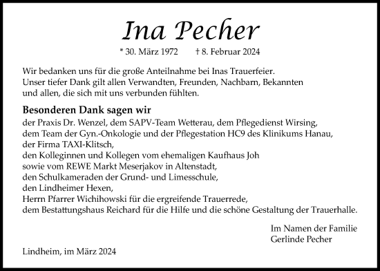 Traueranzeige von Ina Pecher von Kreis-Anzeiger