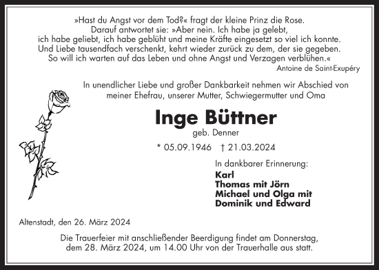 Traueranzeige von Inge Büttner von Kreis-Anzeiger