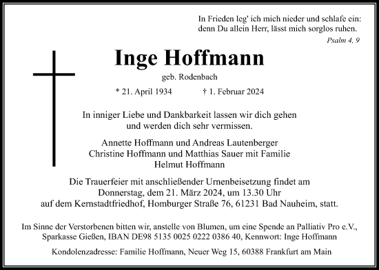 Traueranzeige von Inge Hoffmann von Wetterauer Zeitung