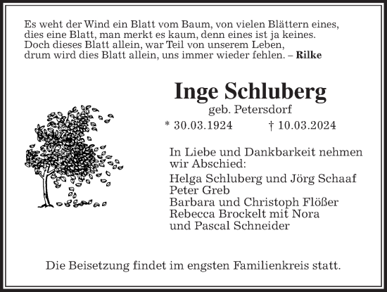 Traueranzeige von Inge Schluberg von Lauterbacher Anzeiger