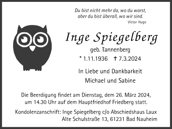 Traueranzeige von Inge Spiegelberg von Wetterauer Zeitung
