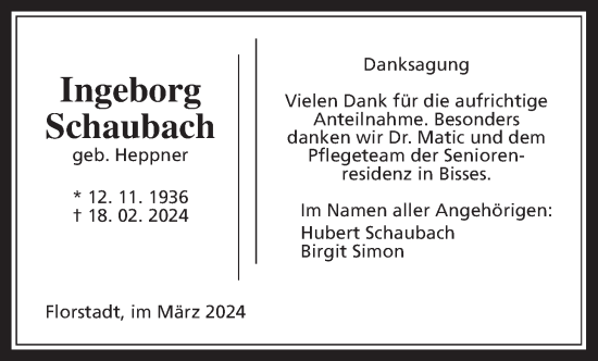 Traueranzeige von Ingeborg Schaubach von Wetterauer Zeitung