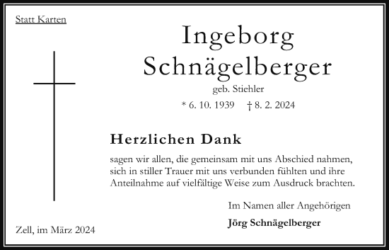 Traueranzeige von Ingeborg Schnägelberger von Oberhessische Zeitung