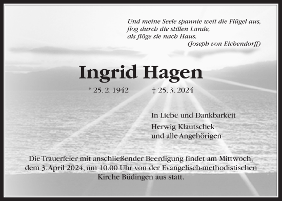 Traueranzeige von Ingrid Hagen von Kreis-Anzeiger