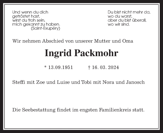 Traueranzeige von Ingrid Packmohr von Giessener Allgemeine, Alsfelder Allgemeine
