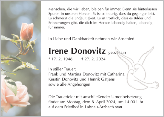Traueranzeige von Irene Donovitz von Giessener Allgemeine, Alsfelder Allgemeine, Giessener Anzeiger