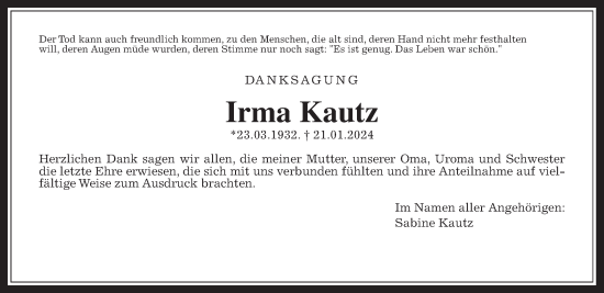 Traueranzeige von Irma Kautz von Wetterauer Zeitung