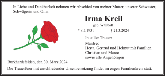 Traueranzeige von Irma Kreil von Giessener Allgemeine, Alsfelder Allgemeine