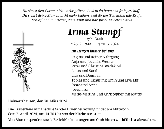 Traueranzeige von Irma Stumpf von Oberhessische Zeitung