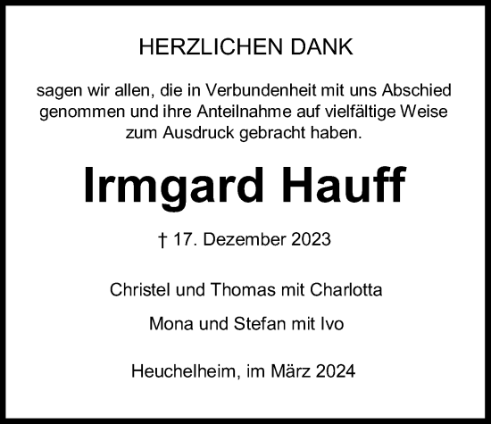 Traueranzeige von Irmgard Hauff von Giessener Allgemeine, Alsfelder Allgemeine