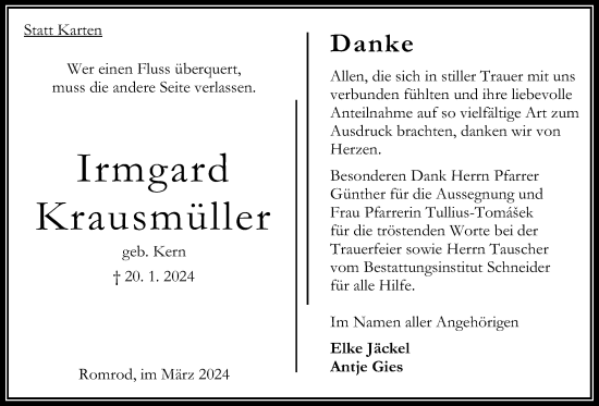 Traueranzeige von Irmgard Krausmüller von Oberhessische Zeitung