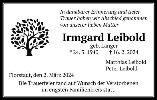 Traueranzeige von Irmgard Leibold von Wetterauer Zeitung