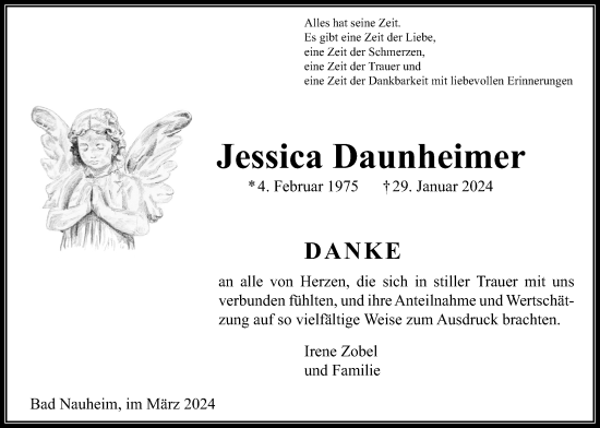 Traueranzeige von Jessica Daunheimer von Wetterauer Zeitung
