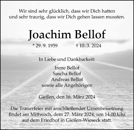 Traueranzeige von Joachim Bellof von Giessener Anzeiger, Giessener Allgemeine, Alsfelder Allgemeine