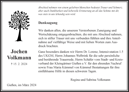 Traueranzeige von Jochen Volkmann von Giessener Allgemeine, Alsfelder Allgemeine, Giessener Anzeiger