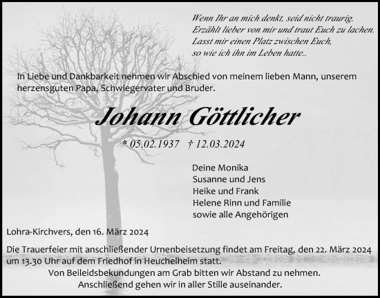 Traueranzeige von Johann Göttlicher von Giessener Anzeiger, Giessener Allgemeine, Alsfelder Allgemeine