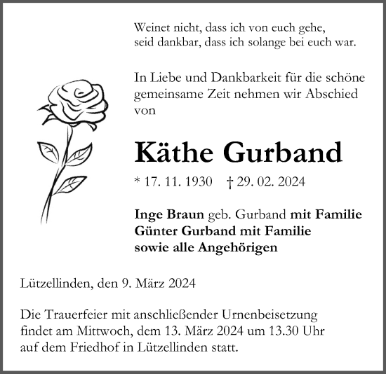 Traueranzeige von Käthe Gurband von Giessener Anzeiger