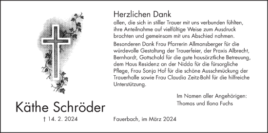 Traueranzeige von Käthe Schröder von Kreis-Anzeiger