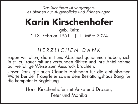 Traueranzeige von Karin Kirschenhofer von Butzbacher Zeitung