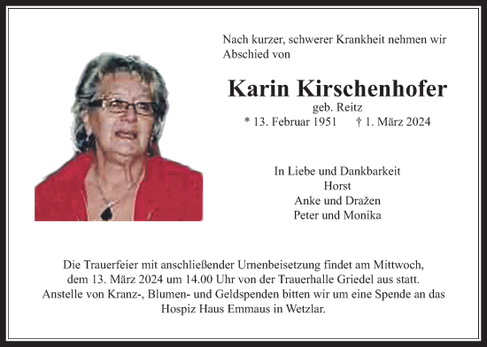 Traueranzeige von Karin Kirschenhofer von Butzbacher Zeitung