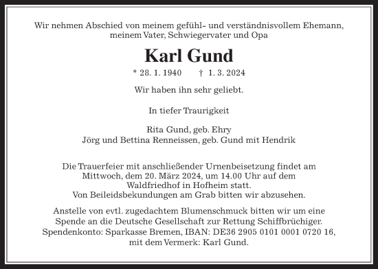 Traueranzeige von Karl Gund 