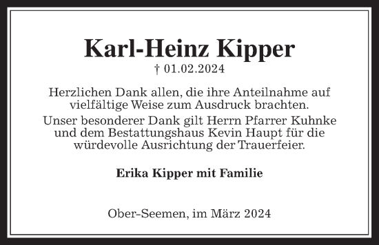 Traueranzeige von Karl-Heinz Kipper von Kreis-Anzeiger