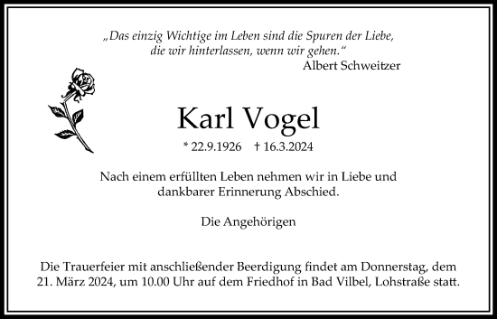 Traueranzeige von Karl Vogel von Bad Vilbel/Karben