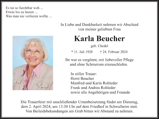Traueranzeige von Karla Beucher von Wetterauer Zeitung