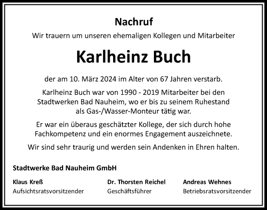 Traueranzeige von Karlheinz Buch von Wetterauer Zeitung, Butzbacher Zeitung