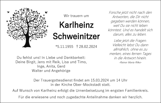 Traueranzeige von Karlheinz Schweinitzer von Kreis-Anzeiger