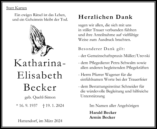 Traueranzeige von Katharina-Elisabeth Becker von Oberhessische Zeitung