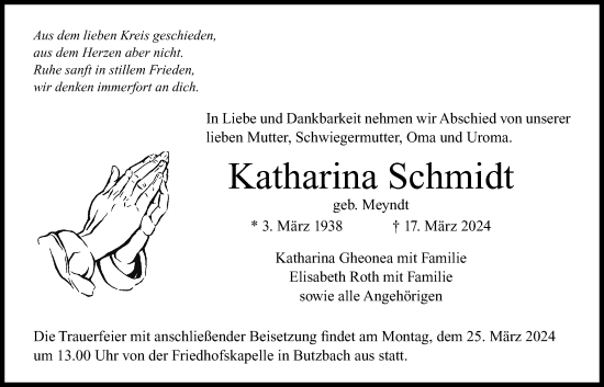 Traueranzeige von Katharina Schmidt von Butzbacher Zeitung