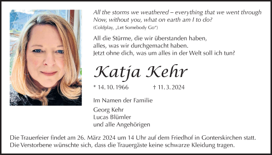 Traueranzeige von Katja Kehr von Laubacher Anzeiger