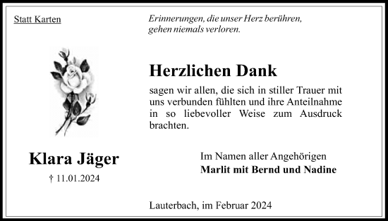 Traueranzeige von Klara Jäger von Lauterbacher Anzeiger, 