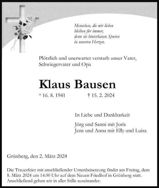 Traueranzeige von Klaus Bausen von Giessener Allgemeine, Alsfelder Allgemeine
