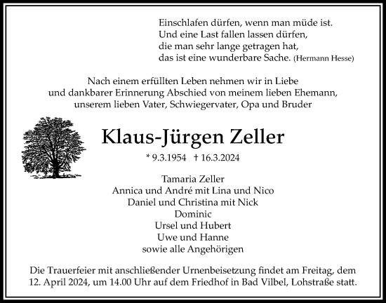 Traueranzeige von Klaus-Jürgen Zeller von Bad Vilbel/Karben